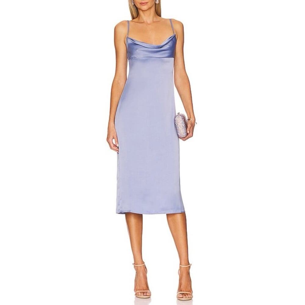 NWT WeWoreWhat Slate Blue Satin Charmeuse Cowl Neck Midi Slip Dress X-Small